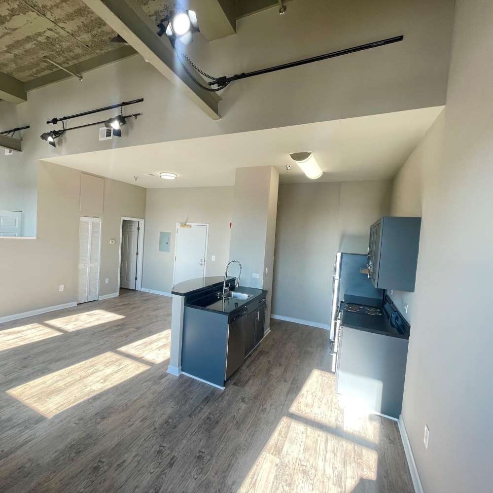 Open island kitchen at Main Street Living in Columbia, South Carolina, 