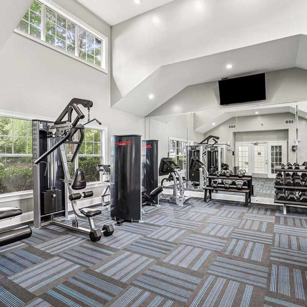 Fitness center with carpet flooring at Grande Oaks in Roswell, Georgia 