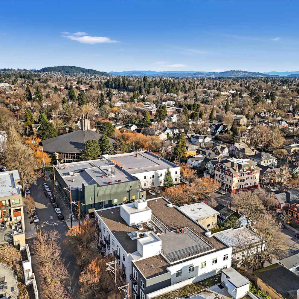Arial view of the neighborhood at Koz on 13th in Portland, Oregon