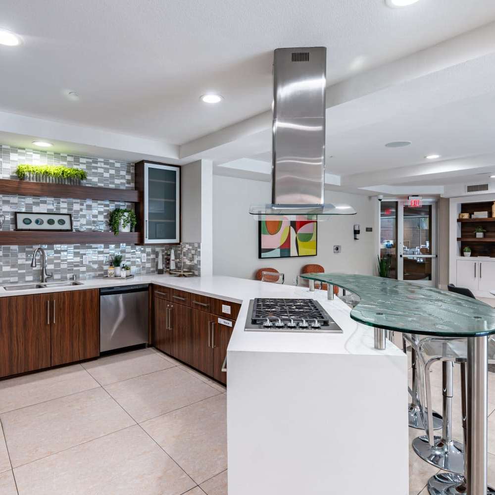 Clubhouse kitchen at The Boulevard Apartment Homes in Woodland Hills, California