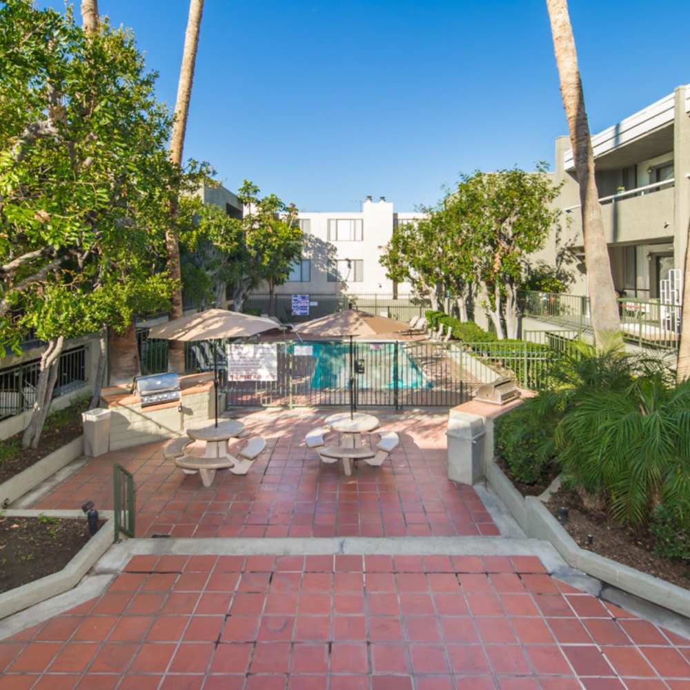 Sparkling swimming pool at Encino Crest Apartments in Encino, California