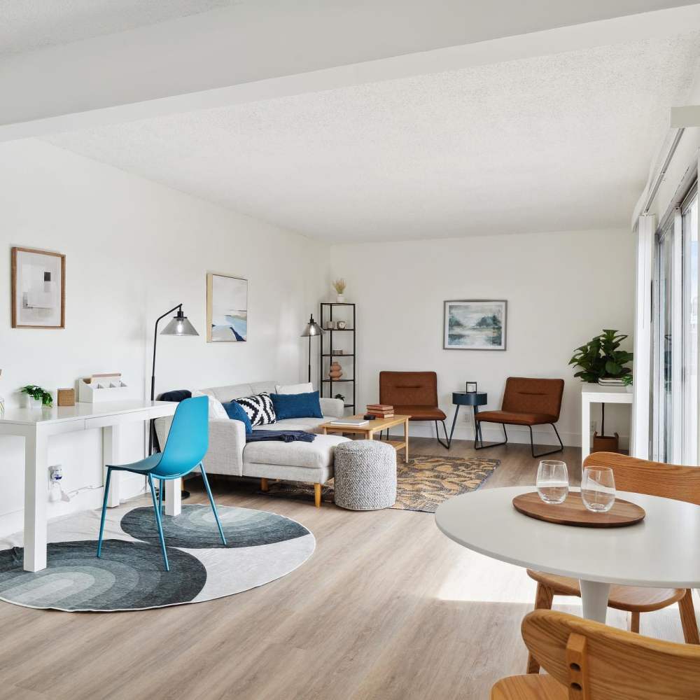 living room with round tables at Del Coronado in Alameda, California