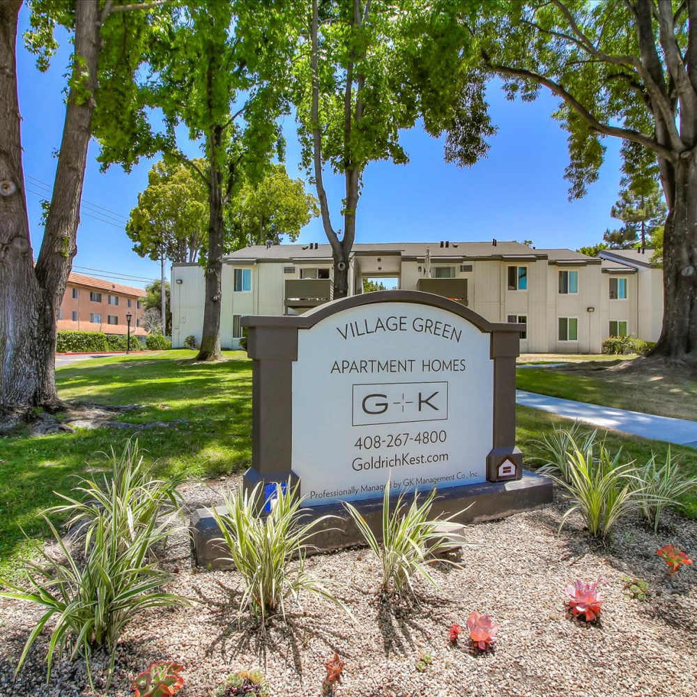 Sign board at Village Green Apartments in San Jose, California