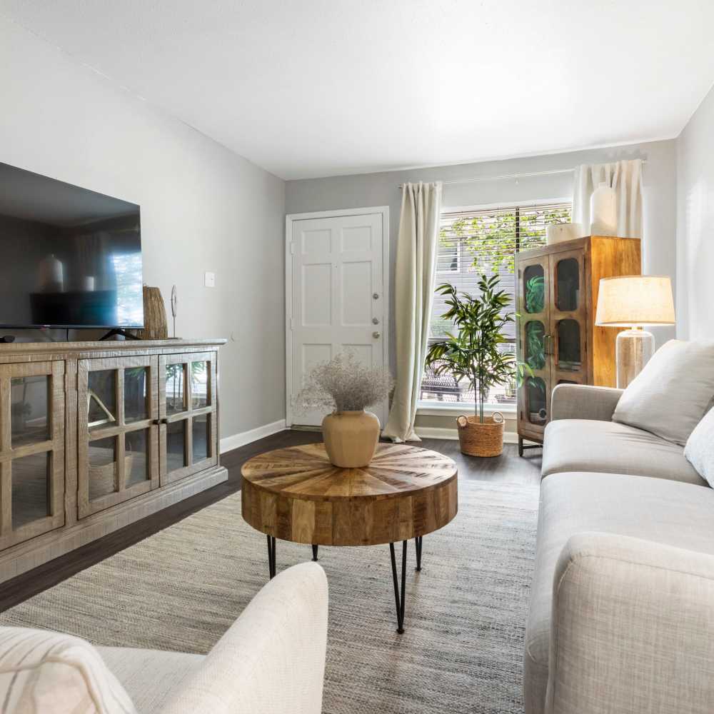 Living room with storage units and carpet flooring at The Ivy in College Station,Texas