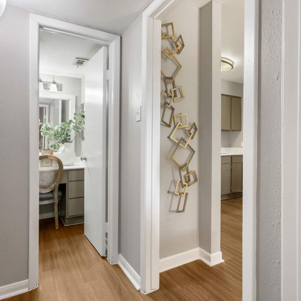 Apartment bathroom and access to the kitchen at The Ivy in College Station,Texas