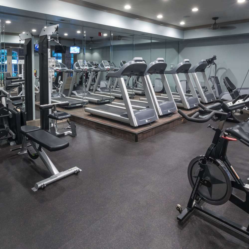 Fully-equipped gym with treadmills, weight machines at Avonlea On The River in Duluth, Georgia