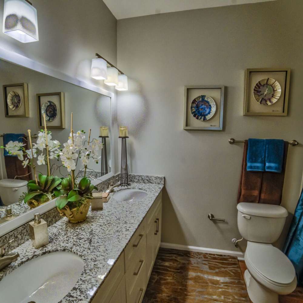 Modern bathroom with granite countertop, double sinks, decorative orchid plant and toilet at Avonlea On The River in Duluth, Georgia