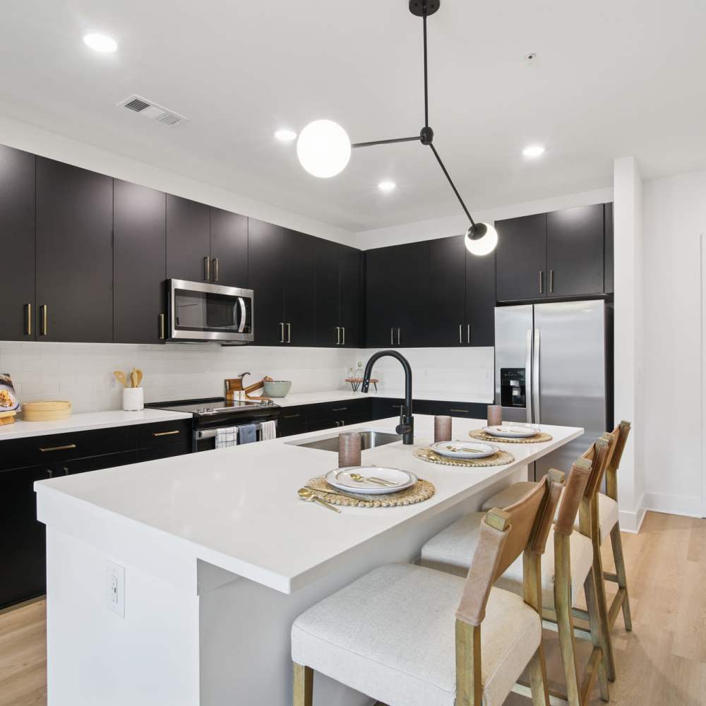 Furnished kitchen with black cabinets