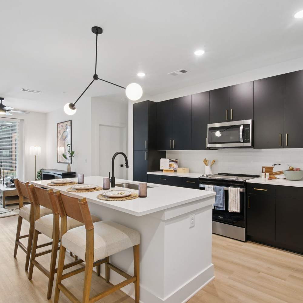 Furnished kitchen with black cabinets