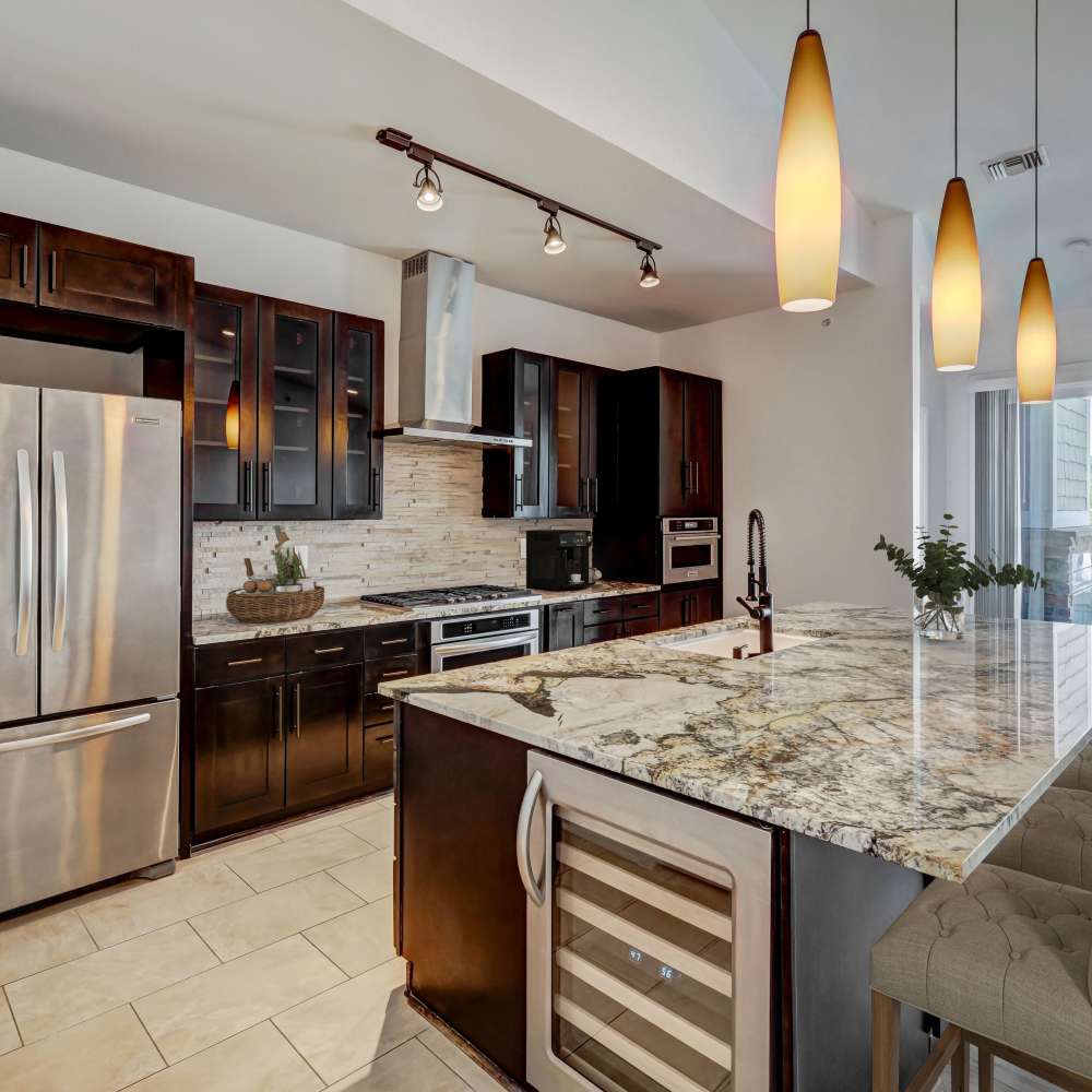 Large kitchen with stainless steel appliances