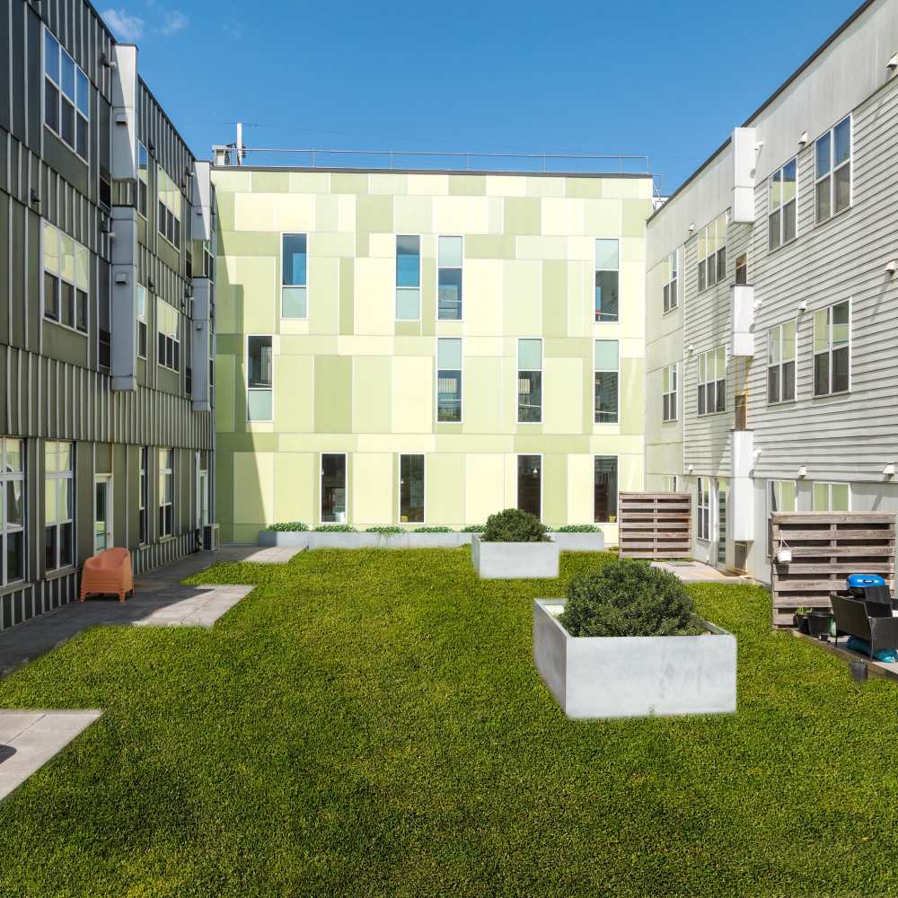 Courtyard with planter boxes at Paseo Verde in Philadelphia, Pennsylvania