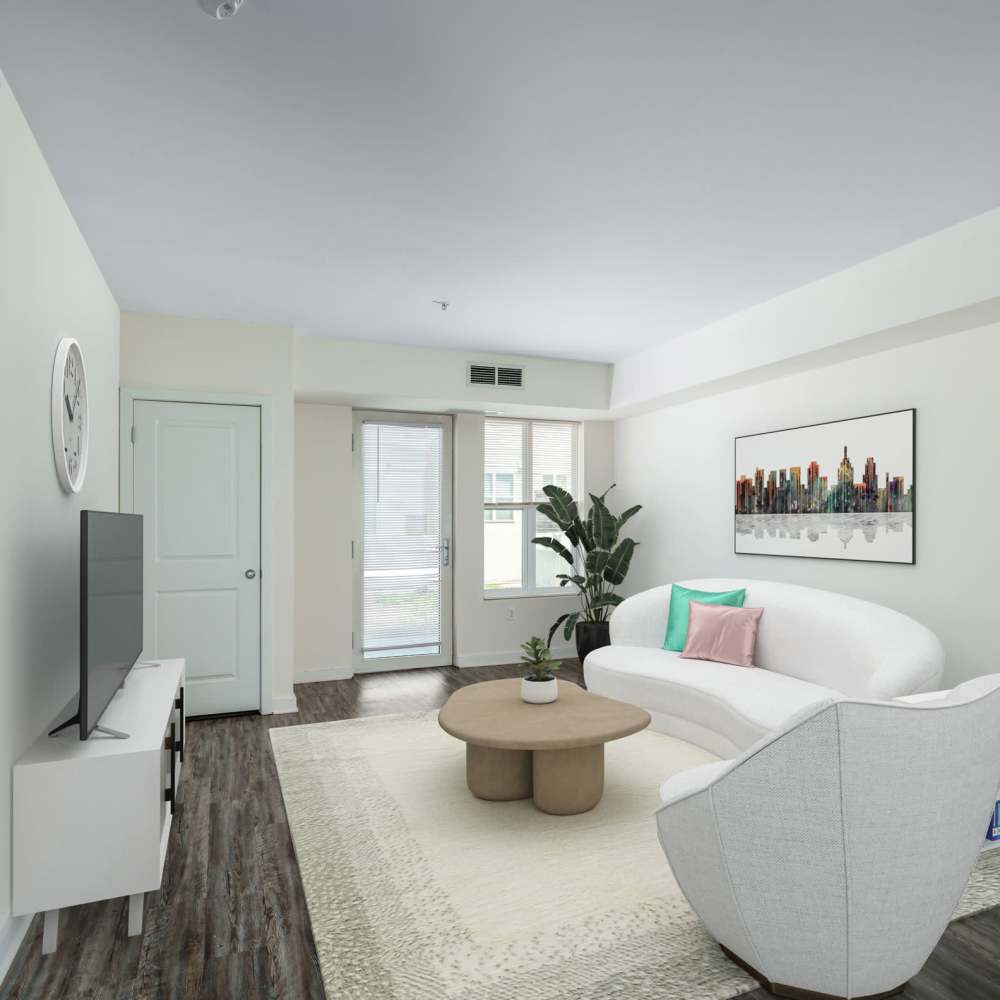 Living room with door to patio at Paseo Verde in Philadelphia, Pennsylvania