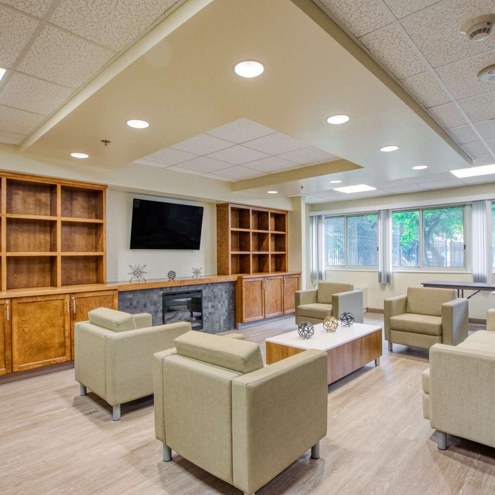Club house with chairs at Village Center in Detroit, Michigan