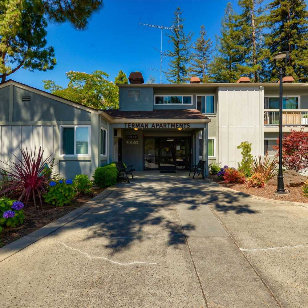 Entrance of the apartment buildingat Terman Apartments in Palo Alto, California