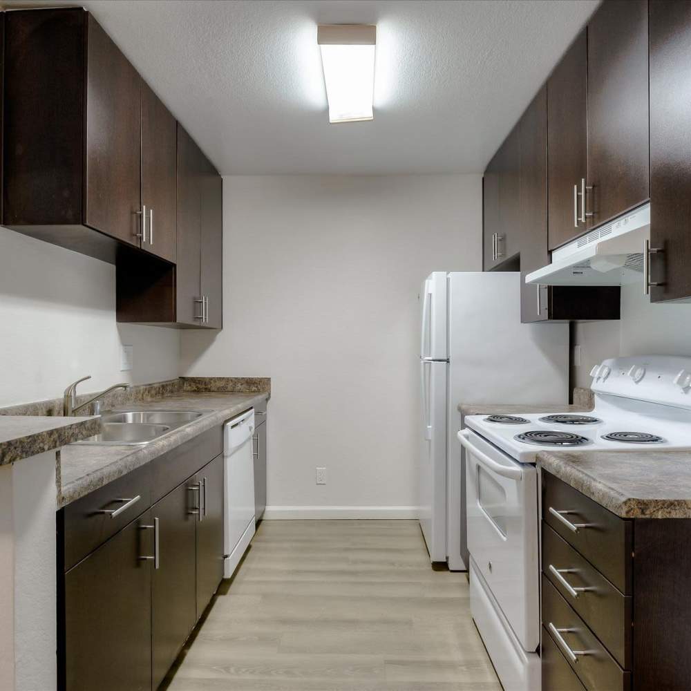 Modern kitchen with wooden cabinets at Terman Apartments in Palo Alto, California