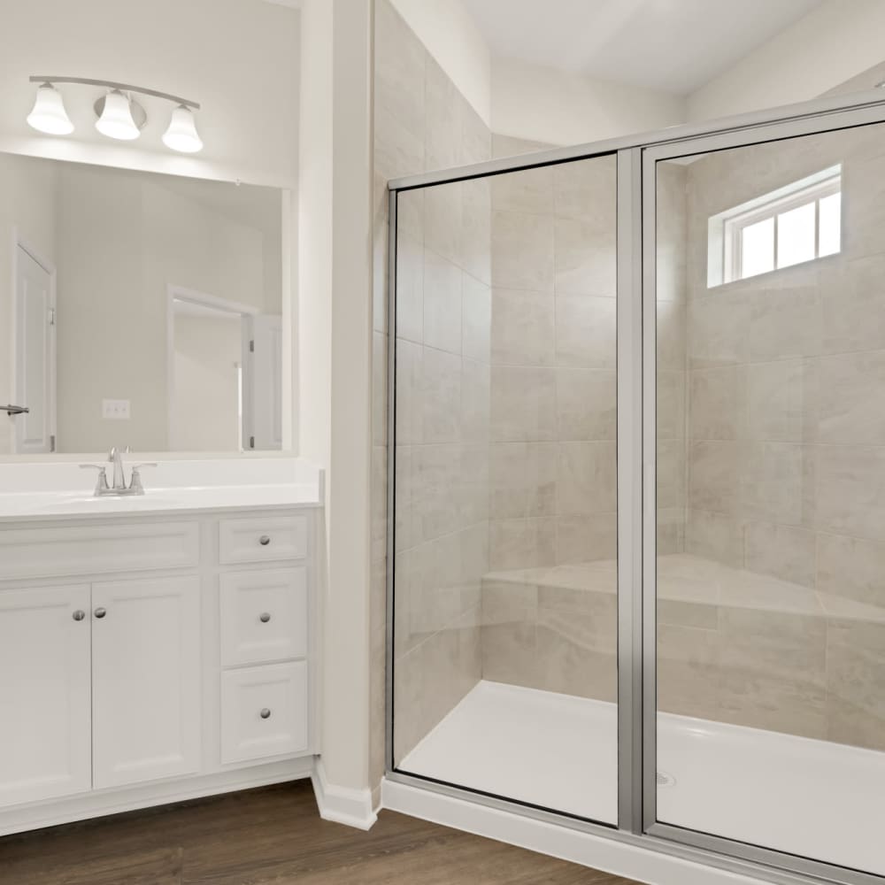 Bathroom with glass door at Dorsey Overlook in Ellicott City, Maryland