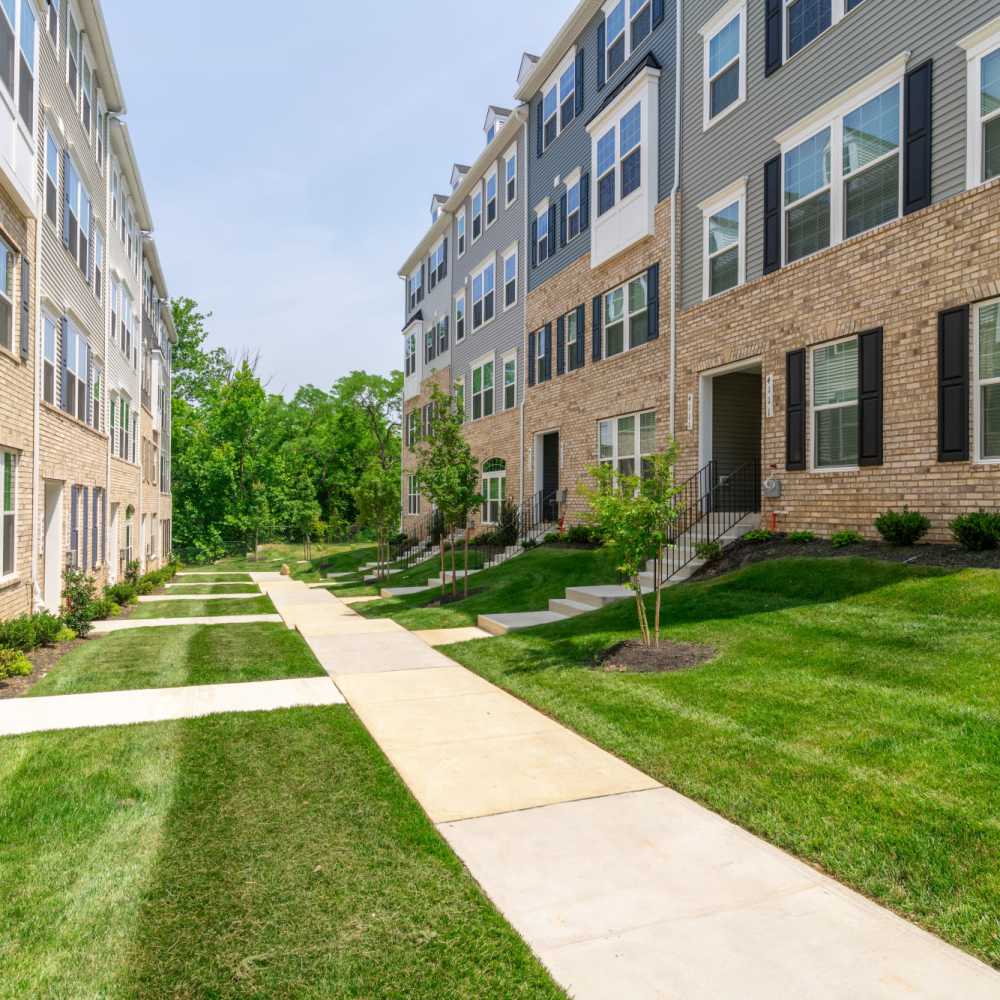 Exterior of an apartment complex with a landscaped lawn and trees at Dorsey Overlook in Ellicott City, Maryland.