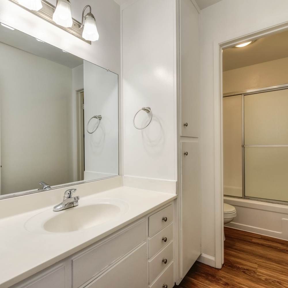 Bright bathroom with shower and tub at Fayette Arms Apartments in Mountain View, California,