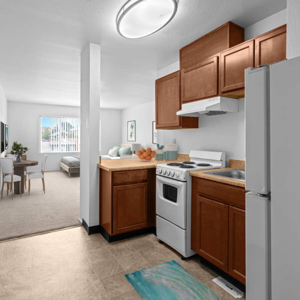 Studio kitchen with wood cabinets at Piedmont in Oakland, California