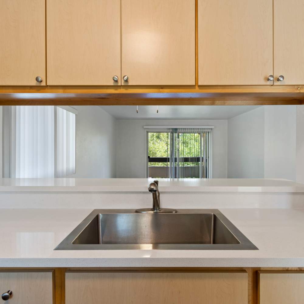Kitchen with center stainless sink and stone counter at Mission Gardens in Santa Cruz, California