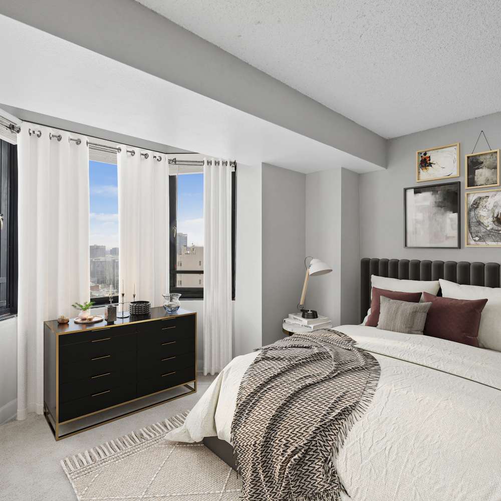 Primary bedroom with view of the city  at Tower 737 Condominium Rentals in San Francisco, California
