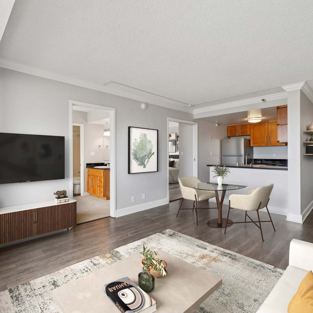 Kitchen with a pass-through window overlooking the dining room at Tower 737 Condominium Rentals in San Francisco, California