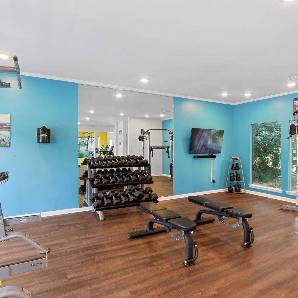 Fitness center with free weights at Ridgemont at Stringers Ridge in Chattanooga, Tennessee