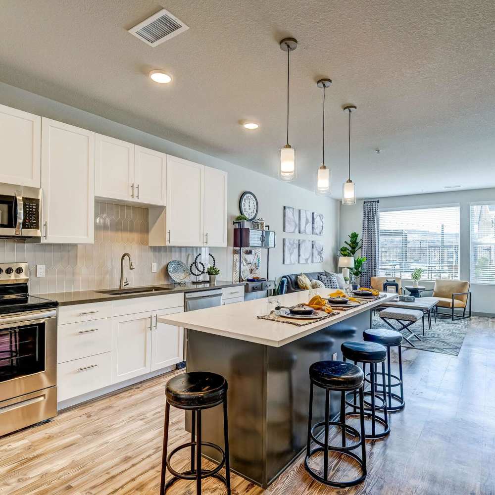 Island kitchen inside the clubhouse at Clear Creek Crossing in Wheat Ridge,Colorado