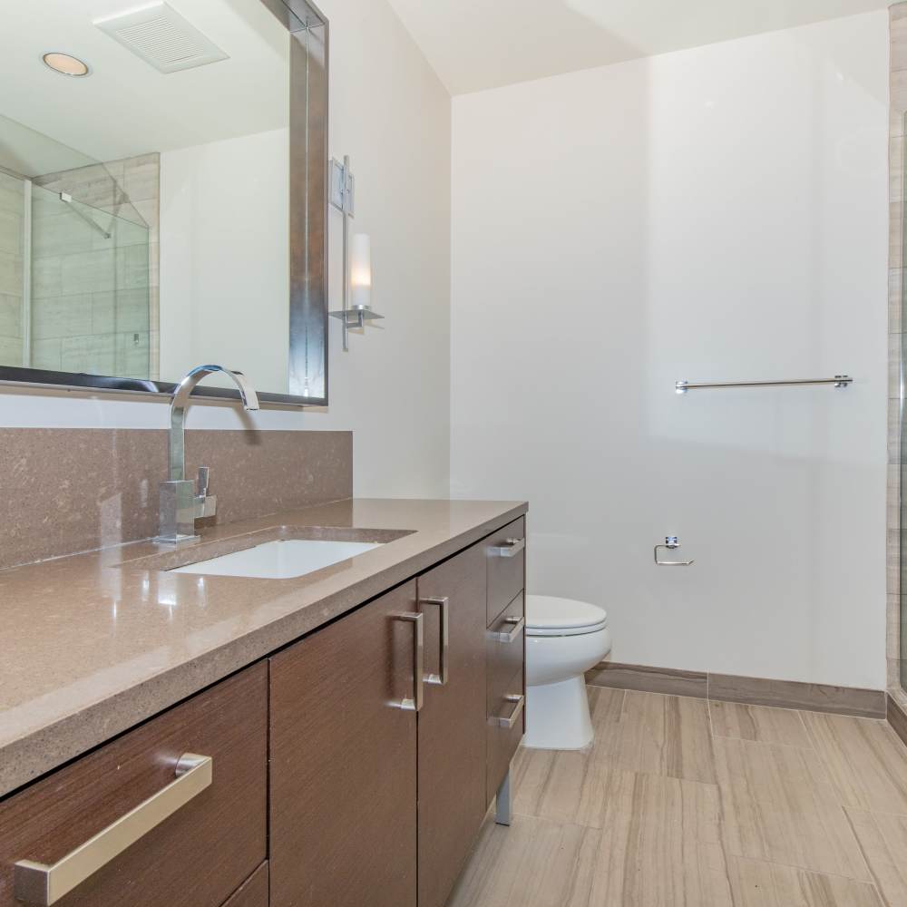 Bathroom with a toilet and a large mirror at The View at Wash Park in Denver, Colorado