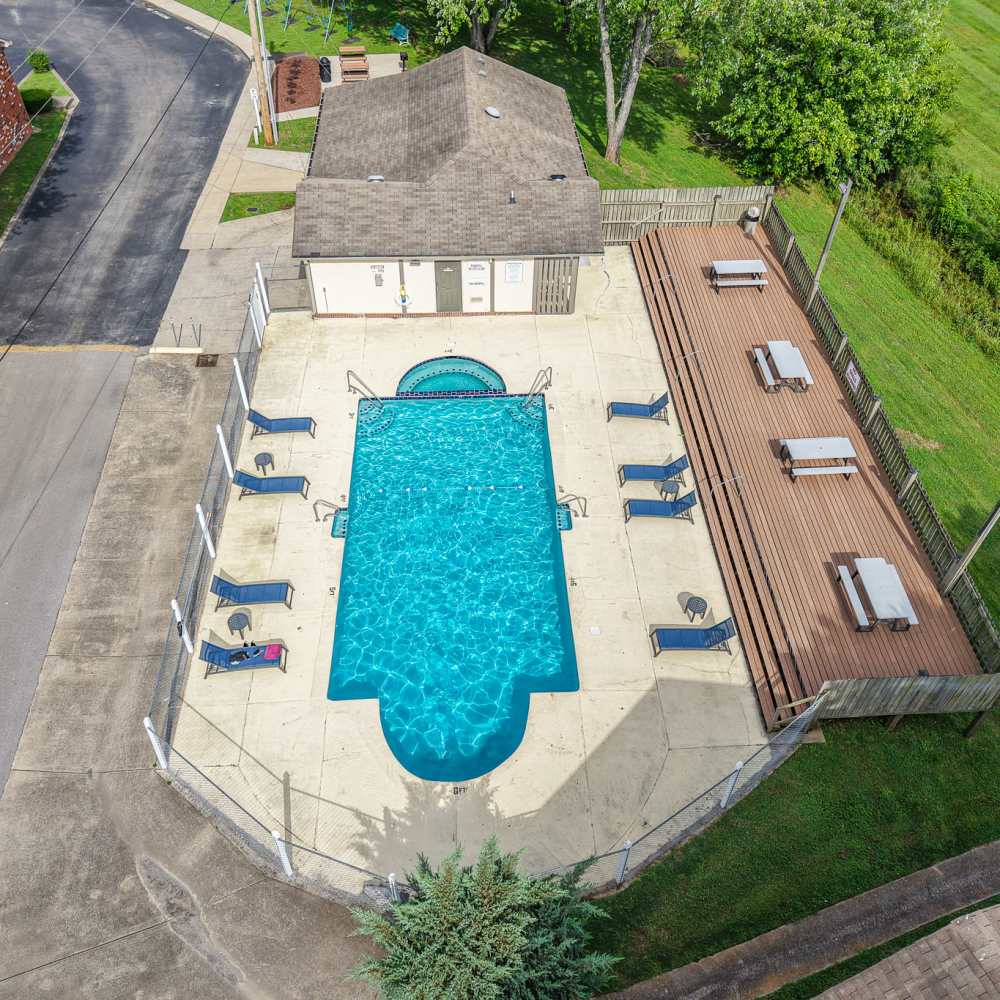 Aerial view of the swimming pool at King's Crest Townhomes in Smyrna, Tennessee