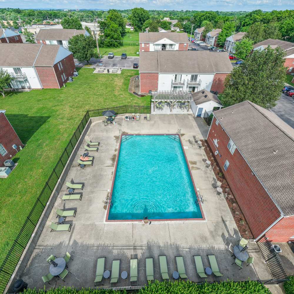 Aerial shot of the swimming pool at Laurel Woods Apartments in Smyrna,Tennessee