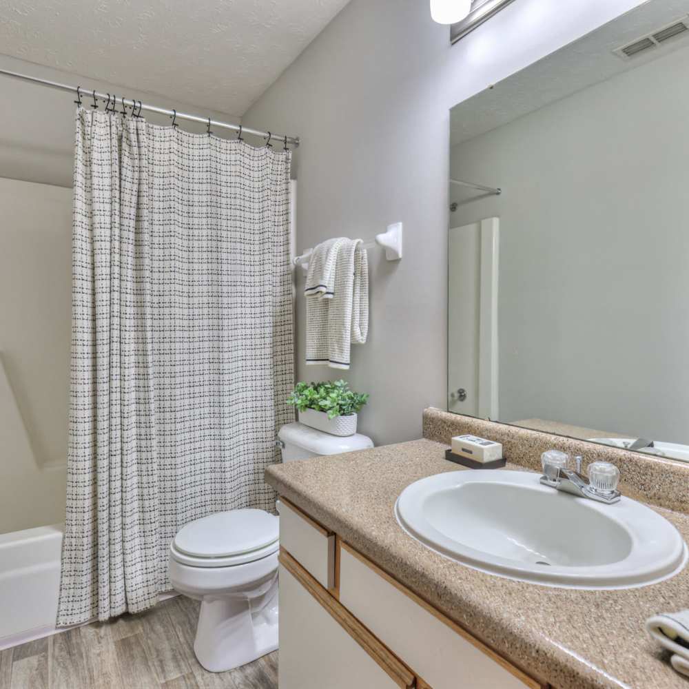 Bathroom with a bathtub and shower curtain at Laurel Woods Apartments in Smyrna,Tennessee