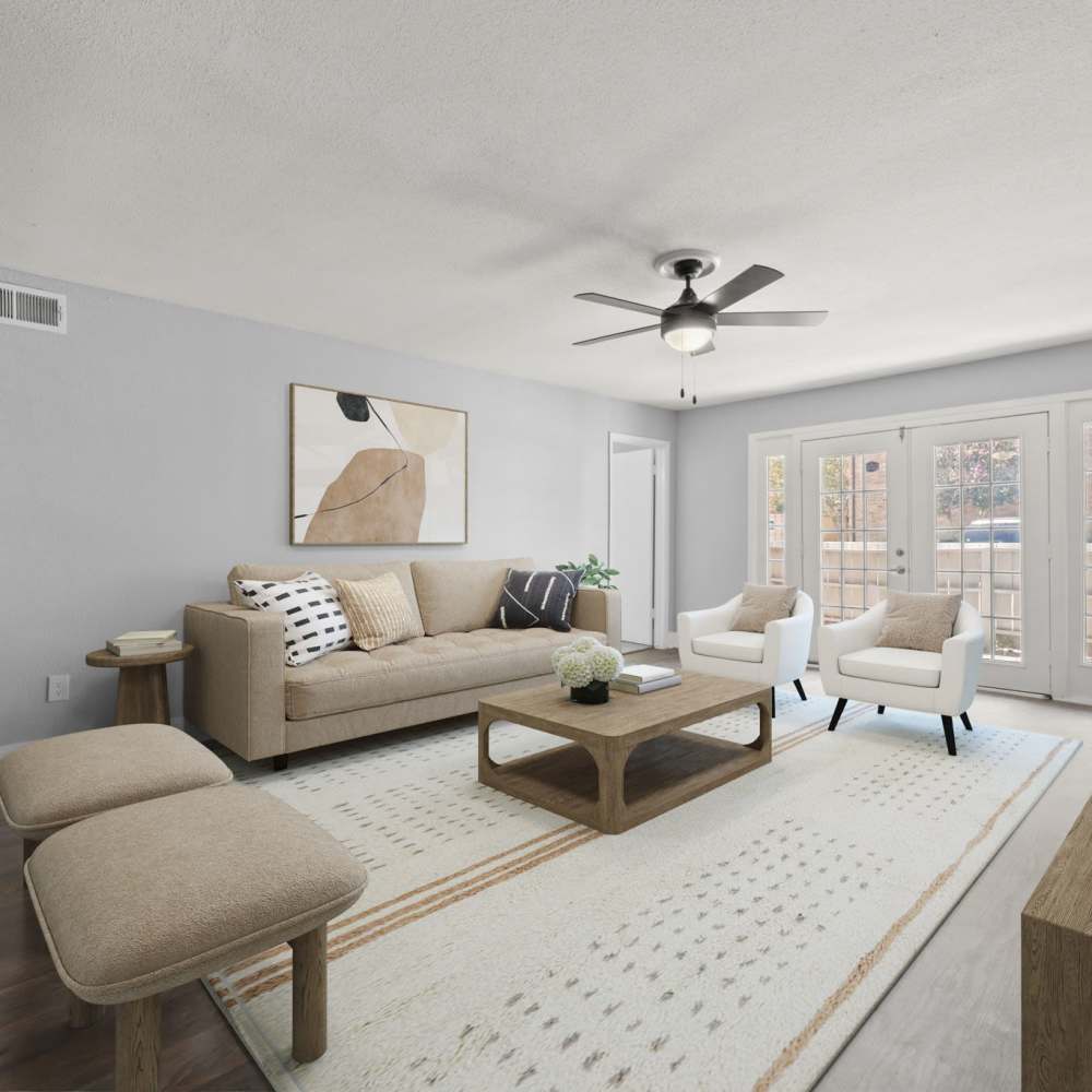 Virtually staged living room at Mustang on the Trail in Kingwood, Texas
