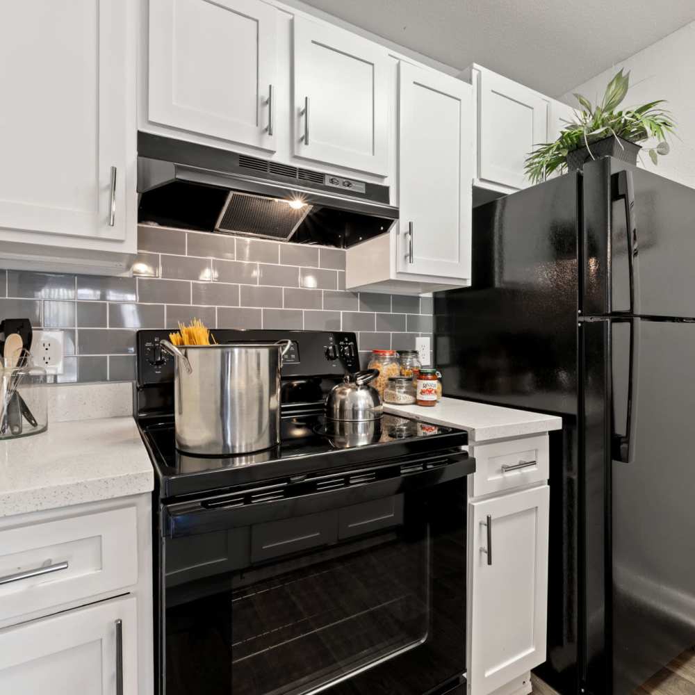 Kitchen with overhead cabinets, stove and refrigerator at Mustang on the Trail in Kingwood, Texas
