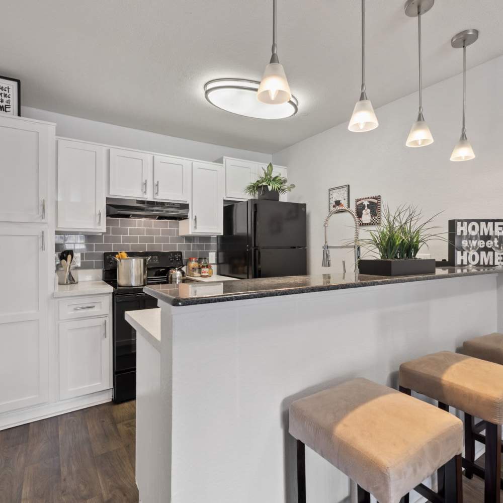 Kitchen of the apartment unit with kitchen bar at Mustang on the Trail in Kingwood, Texas