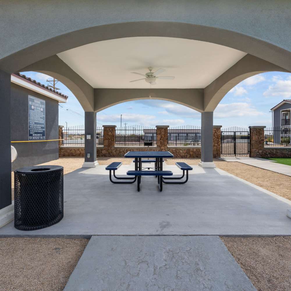 Covered seating area at District At Pellicano in El Paso, Texas 