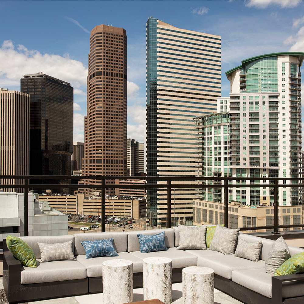 Rooftop lounge area with comfortable lounge at SOVA on Grant in Denver, Colorado