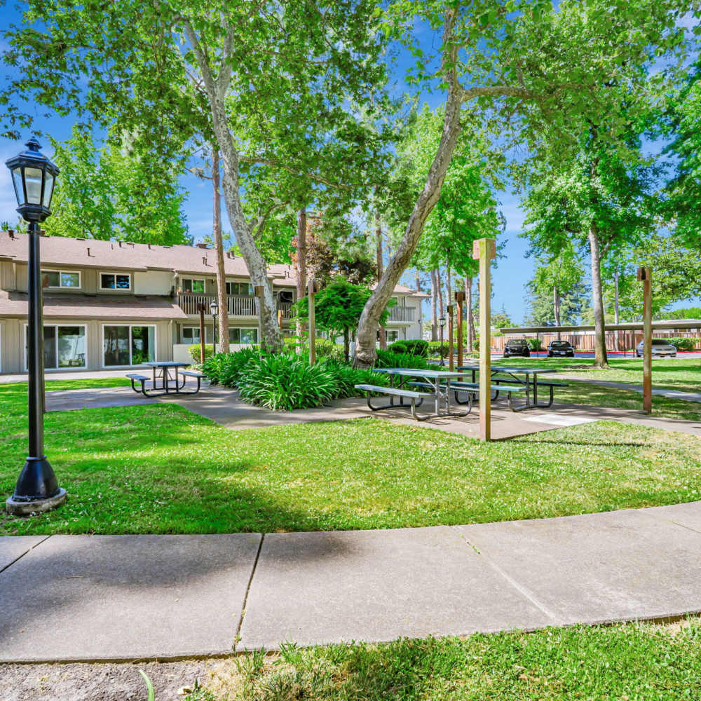 Beautifully landscaped courtyard at Country Club Village in Rohnert Park, California