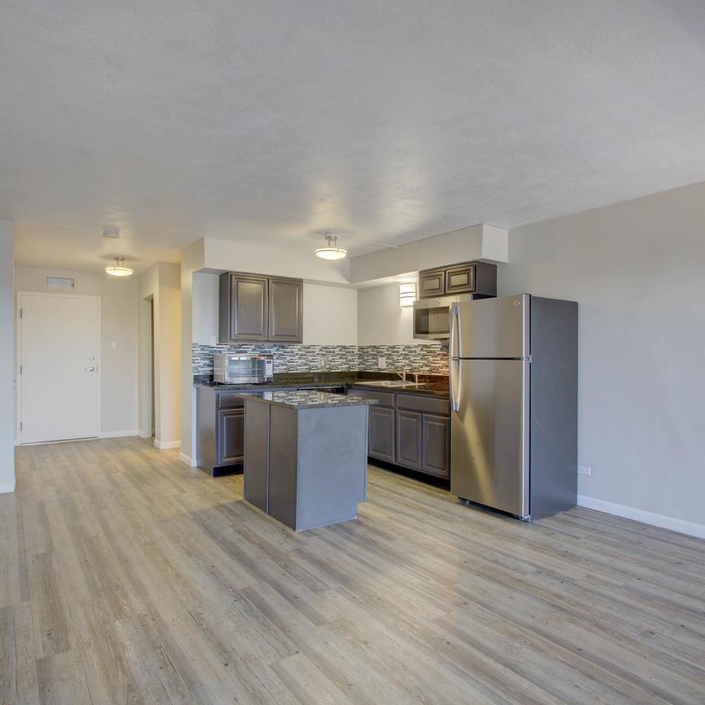 Spacious open kitchen at Wellshire Apartments in Denver,Colorado