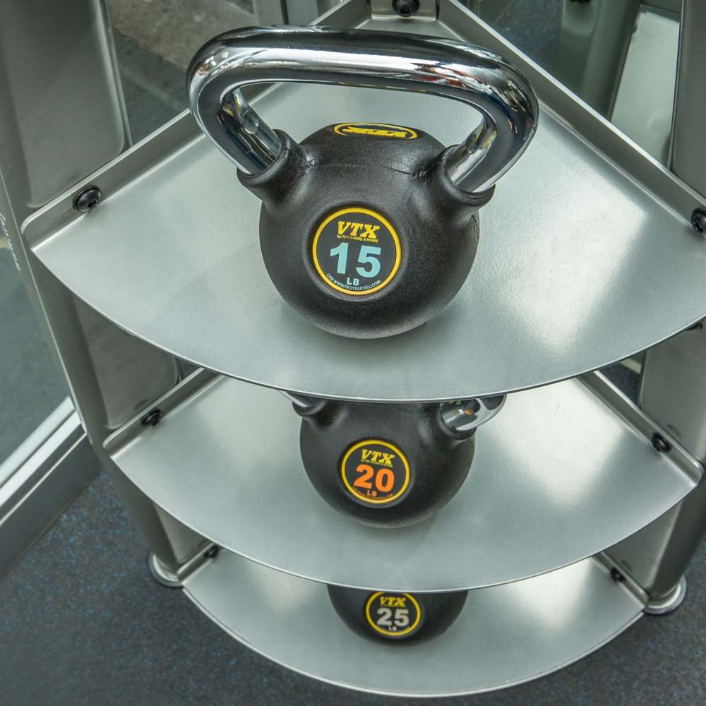 Kettle balls stacked inside the fitness center at Wellshire Apartments in Denver,Colorado