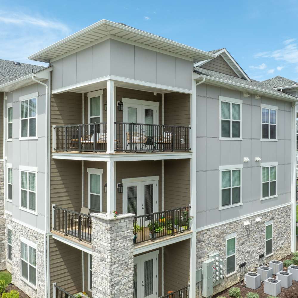 Exterior shot of the building with private balconies at Citrine at Lake St. Louis in Lake Saint Louis, Missouri
