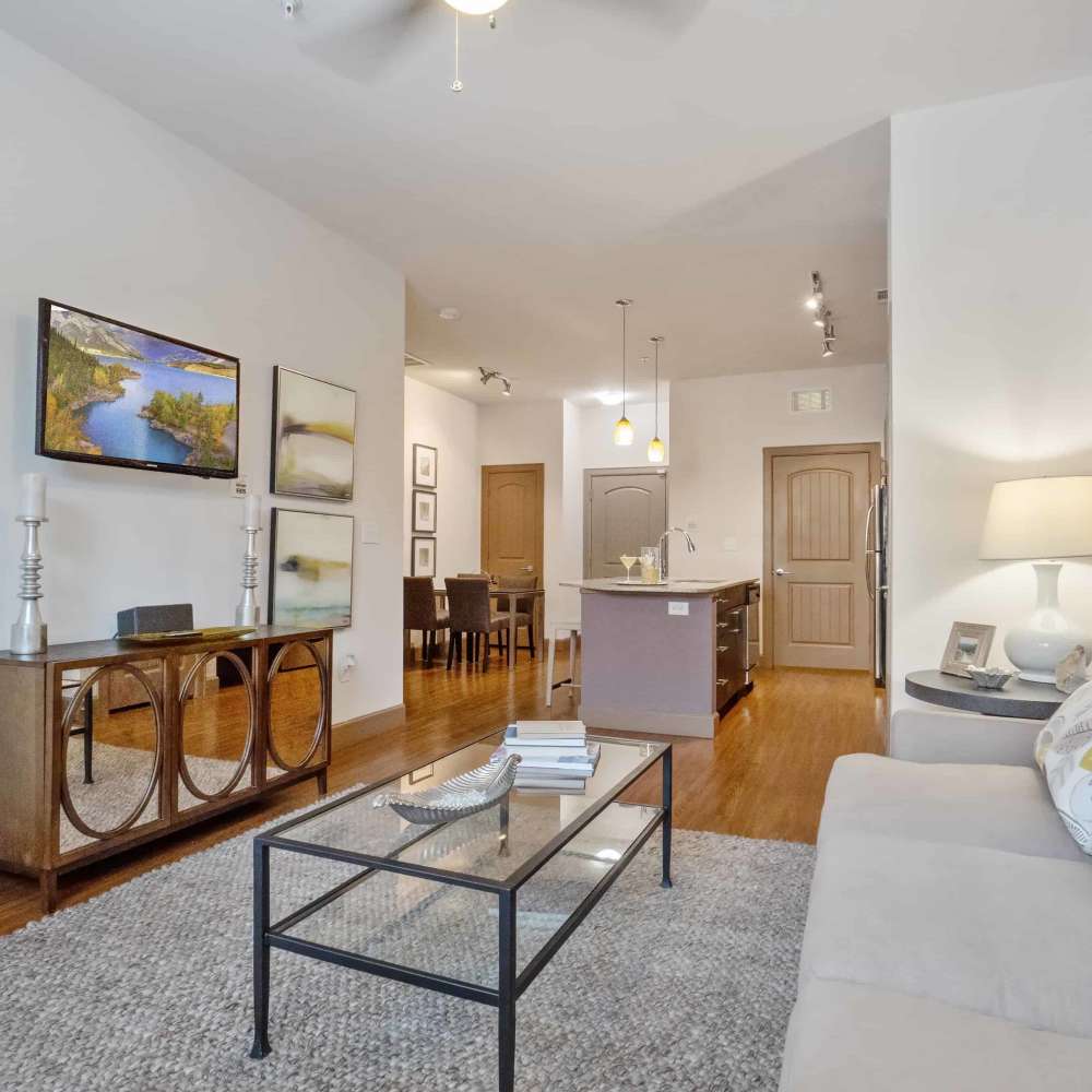 Living room with carpet flooring at Grapevine Station in Grapevine,Texas
