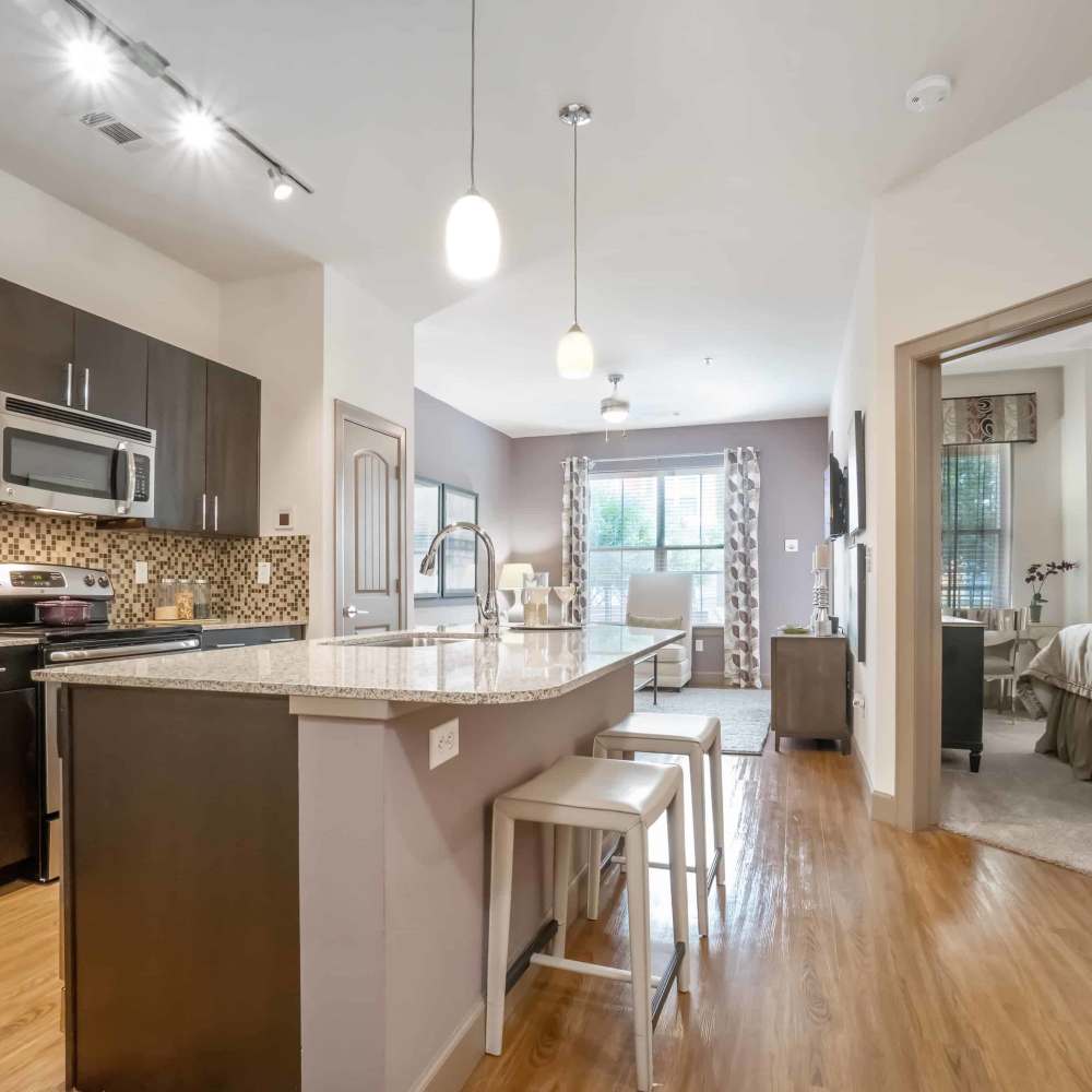Kitchen with a breakfast counter at Grapevine Station in Grapevine,Texas