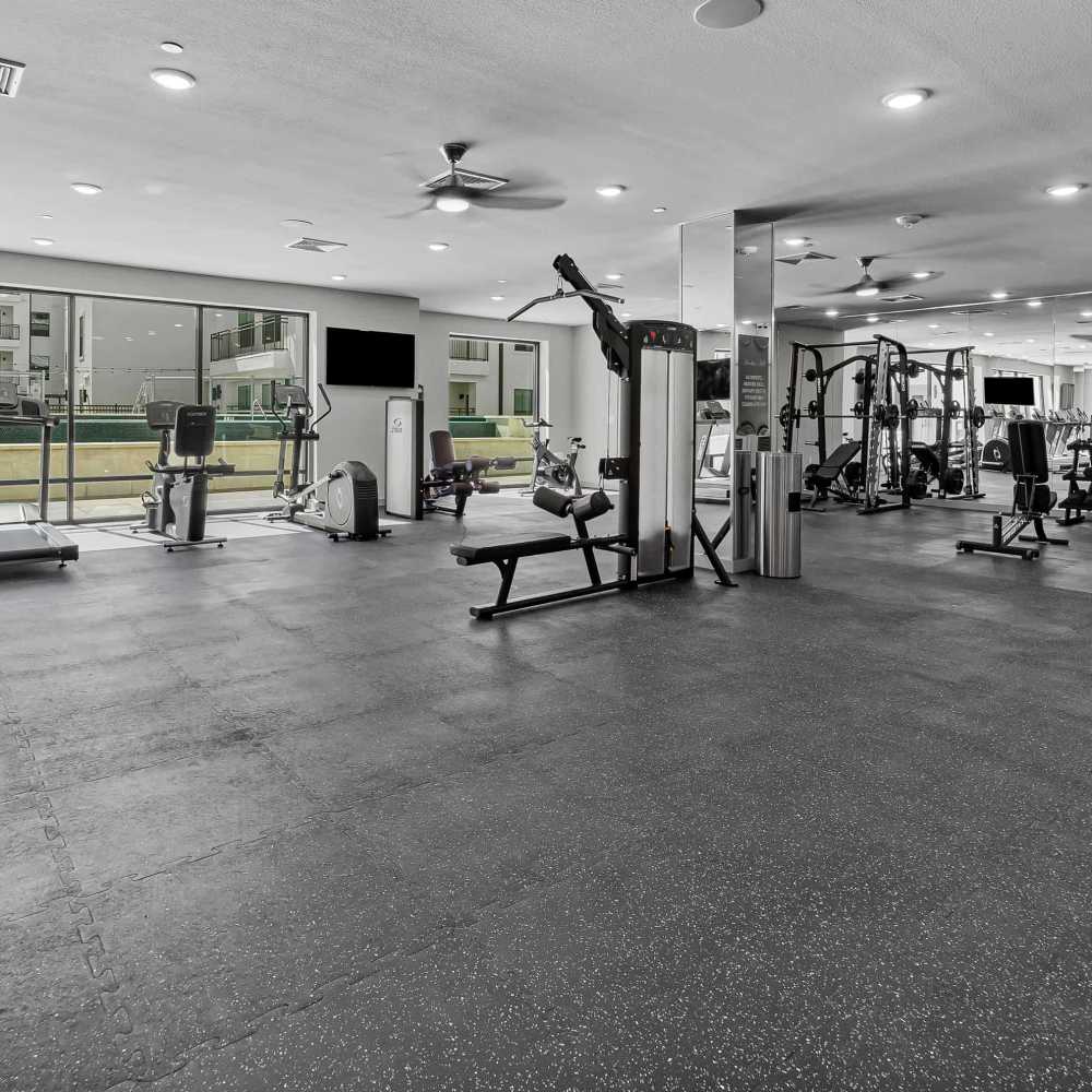 Well-equipped gym at Harbor Hill in Rockwall, Texas