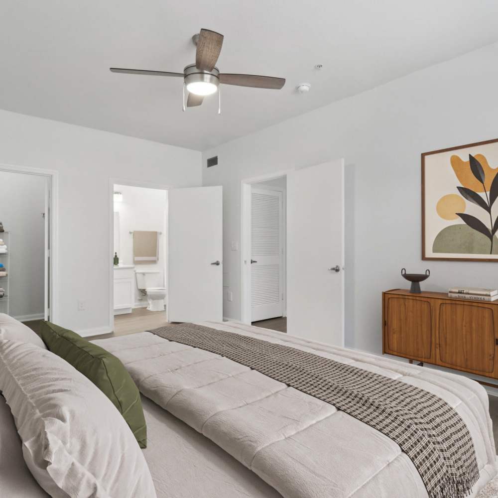 Bedroom with ceiling fan at Harlan at Med Center in San Antonio, Texas 