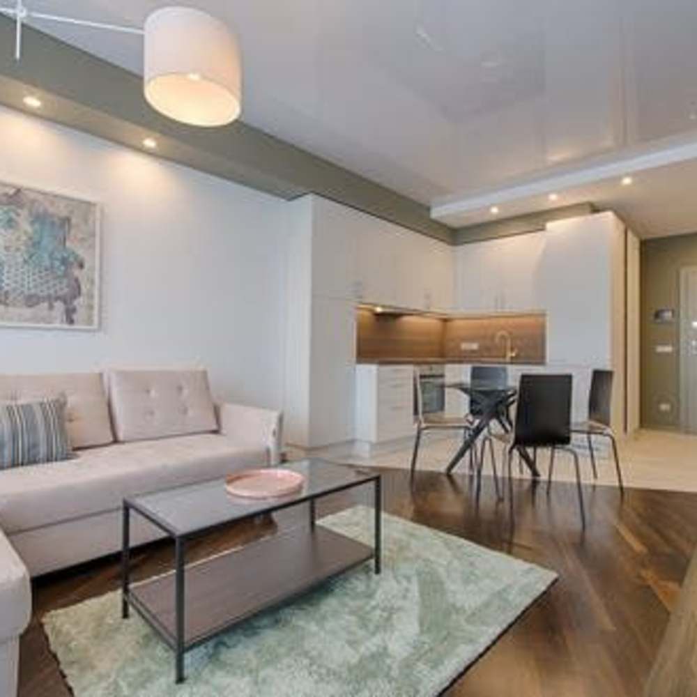 Well-lit living room at Flores Gardens in San Mateo, California,