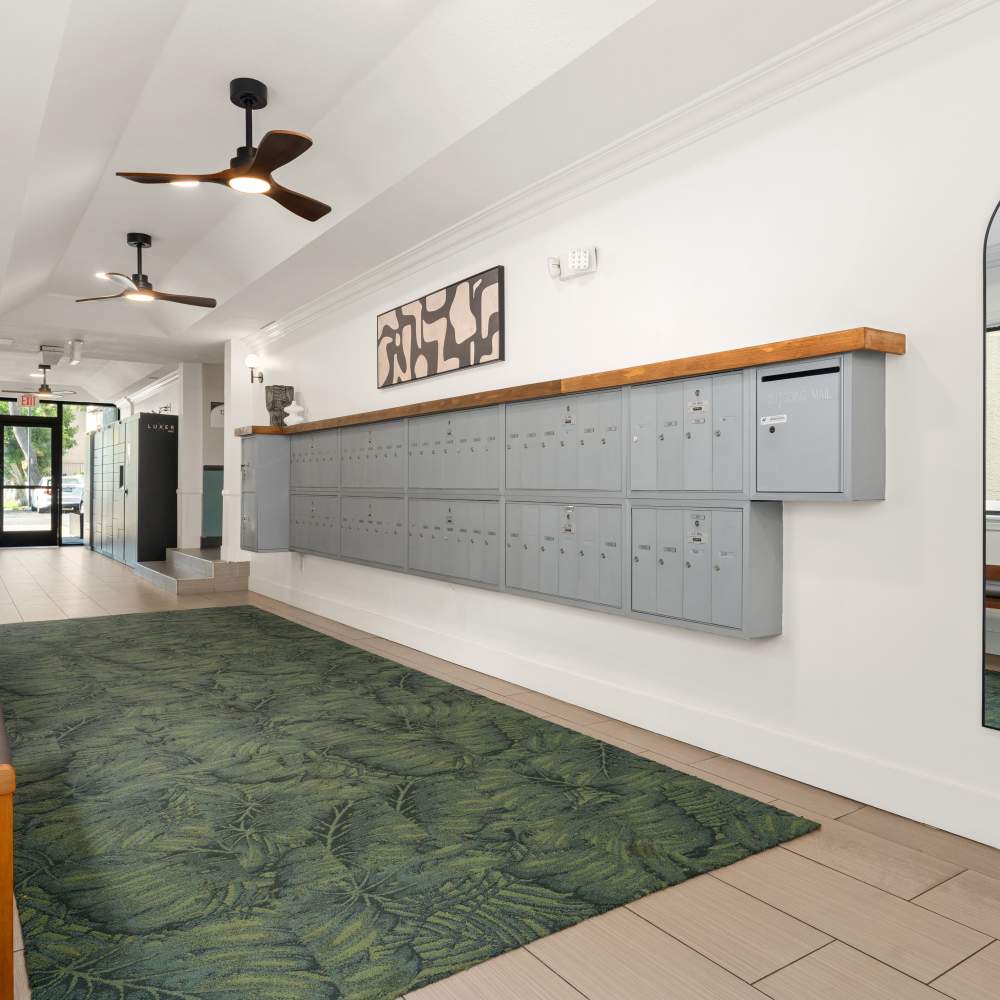 Bright mailroom hallway featuring a long row of gray mailboxes at Canyon Village in North Hollywood, California