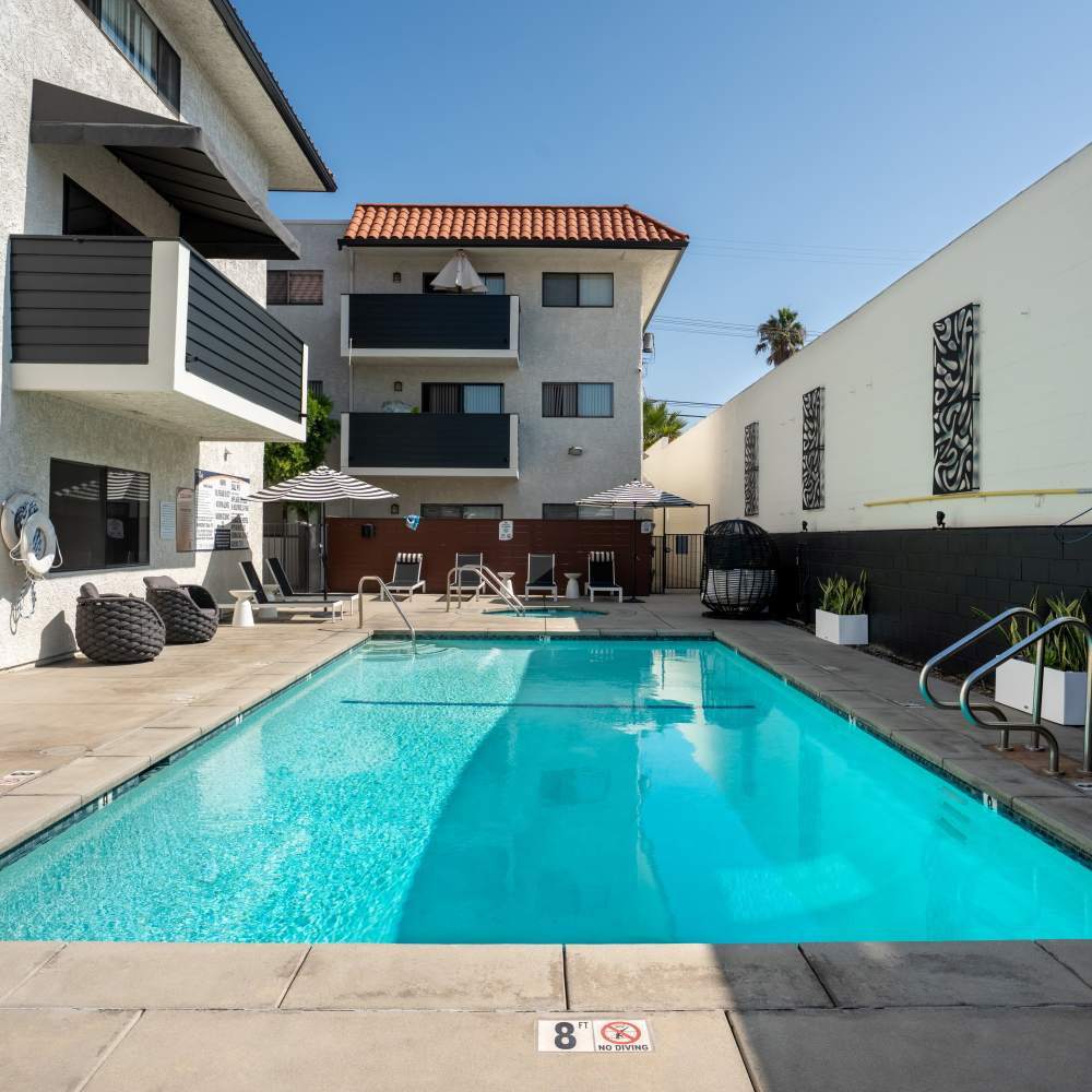 Pool area at Canyon Village in North Hollywood, California