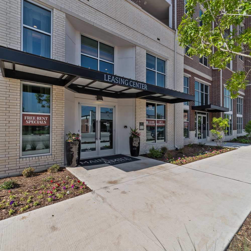 Front view of the property leasing center at Main and Mill in Lewisville,Texas