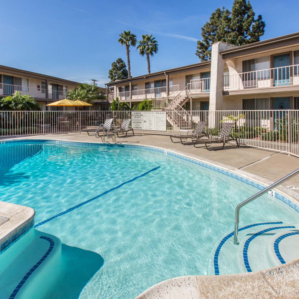 Shimmering swimming pool at Sandpointe in Huntington Beach, California